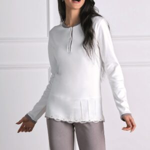 OHANA - Pigiama In Caldo Cotone Con Pizzo - Panna - Polvere