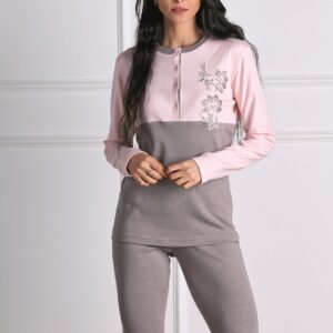 OHANA - Pigiama In Caldo Cotone Con Ricami Floreali - Panna - Polvere