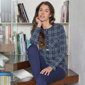 BISBIGLI - Pigiama Con Maglia A Quadri In Caldo Cotone - Blu - Panna