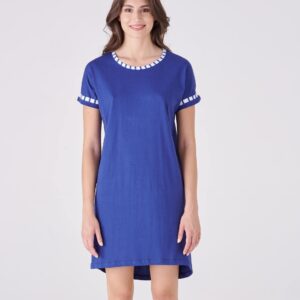 PIGIAMIAMOCI - Camicia Da Notte In Cotone Con Dettagli A Righe - Blu - Corallo