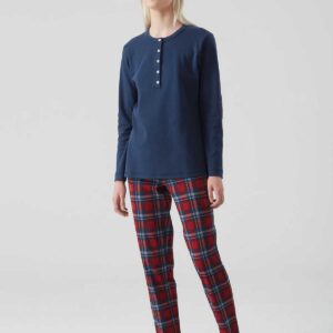 RAGNO - Pigiama Donna In Caldo Cotone Tartan Con Dettagli A Contrasto - Blu