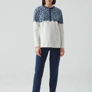 RAGNO - Pigiama In Cotone Interlock Con Stampa Damascata E Micro Pois - Blu Marino