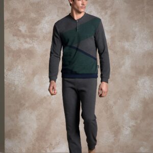 ENRICO COVERI - Pigiama Uomo In Punto Milano Con Fantasia Geometrica - Grigio - Blu