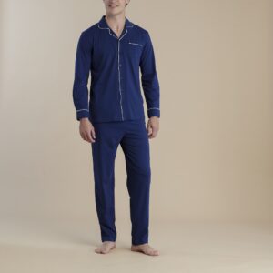 NOIDINOTTE - Pigiama Lungo In Cotone Con Profili A Contrasto - Blu Navy - Blu Riviera