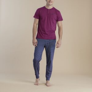 NOIDINOTTE - Pigiama Uomo Tris In Cotone Con Pantalone Corto E Lungo - Prugna - Ottanio