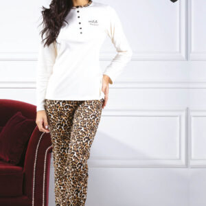 LOVEANDBRA - Pigiama In Caldo Cotone Con Stampa Leopardata - Naturale - Nero