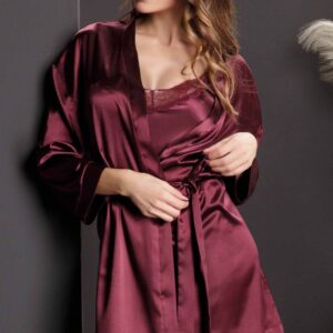 kimono in raso LOVEANDBRA bordeaux con cintura e maniche 3/4 elegante donna