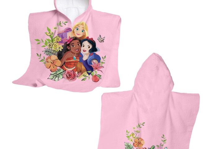 poncho Princess Disney in cotone con cappuccio e principesse stampate