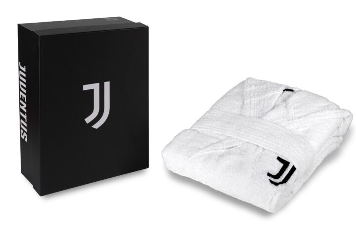 accappatoio juventus in spugna bianco con cappuccio e logo