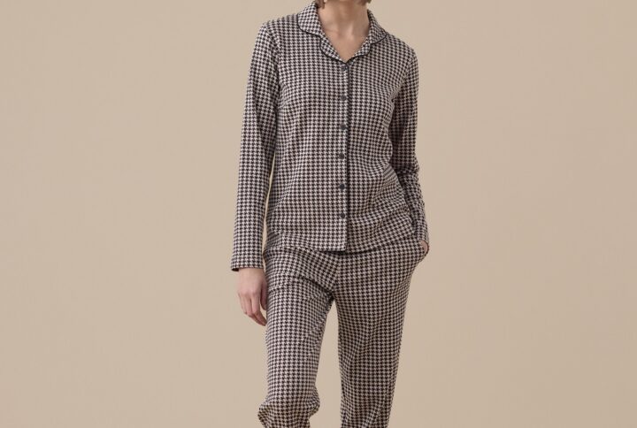 pigiama donna noidinotte caldo cotone pied de poule nero e beige