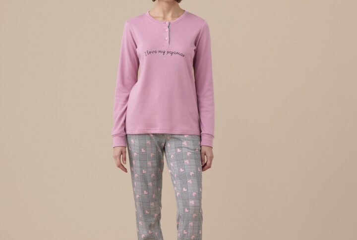 Pigiama donna caldo cotone Noidinotte con scritta e pantaloni stampa principe di Galles