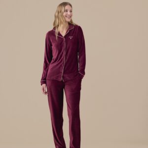 Pigiama donna Noidinotte in ciniglia con top abbottonato e pantaloni con tasche, colore bordeaux