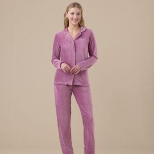 Pigiama donna Noidinotte in ciniglia con top abbottonato e pantaloni con tasche, colore cipolla