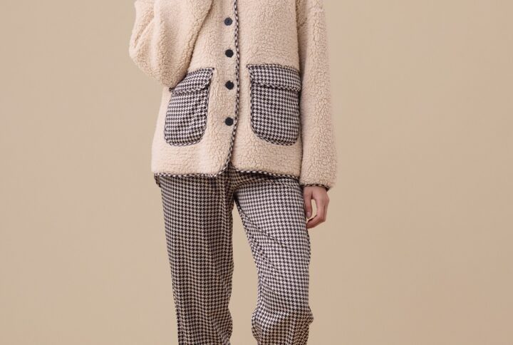 Giacca donna Noidinotte double face eco-agnellino beige con dettagli pied de poule