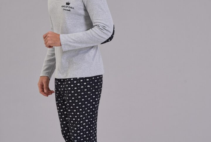 Pigiama uomo OFFICINA45 caldo cotone interlock grigio melange nero con stampa crown