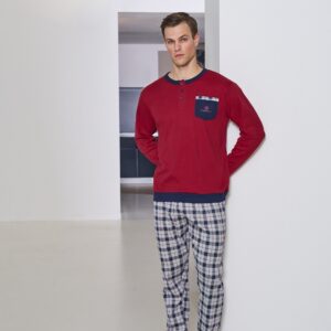 Pigiama lungo uomo in cotone interlock Sergio Tacchini rosso con pantaloni a quadri