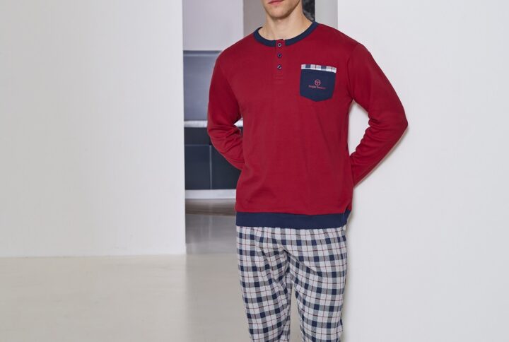 Pigiama lungo uomo in cotone interlock Sergio Tacchini rosso con pantaloni a quadri