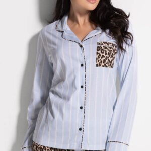 Maglia Pigiama lungo donna LOVEANDBRA in cotone con camicia e pantaloni fantasia leopardata