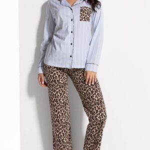 Pigiama lungo donna LOVEANDBRA in cotone con camicia e pantaloni fantasia leopardata