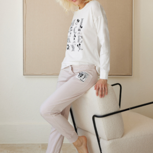Pigiama JADEA Disney donna in morbido cotone con stampa Mickey frontale, maglia girocollo e pantalone lungo con polsini. - COLORE PANNA