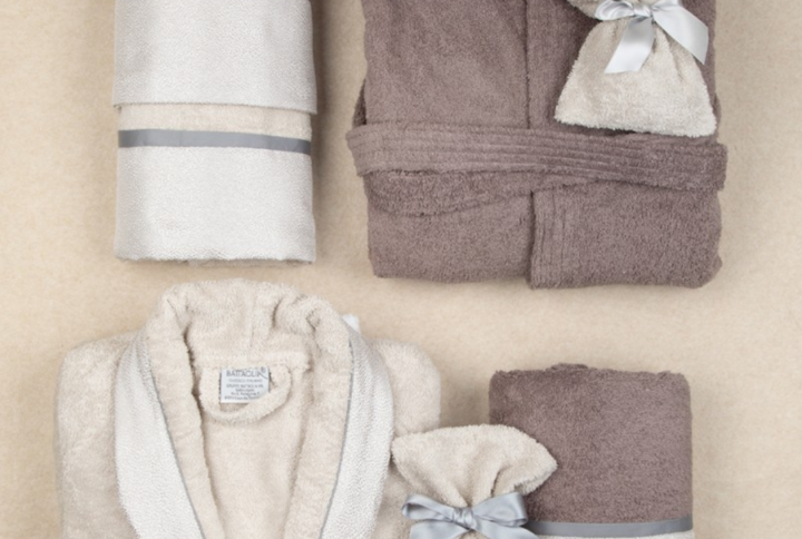 Completo bagno Battaglia Classico Italiano 8 pezzi in pura spugna di cotone con bordi jacquard. - Perla/Grigio