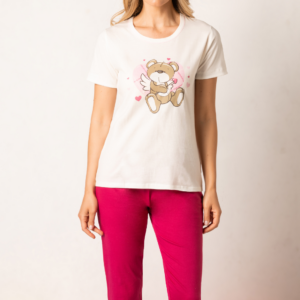 Pigiama SieLei donna in cotone con maglia manica corta stampa orsetto e pantalone pinocchietto.