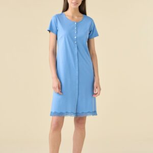 camicia da notte in cotone con pizzo NOIDINOTTE azzurra manica corta con bottoni