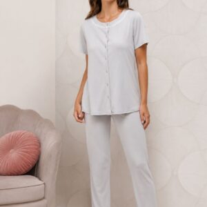 Pigiama donna ANDRA aperto in cotone con pantalone lungo e ricamo