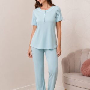 Pigiama donna ANDRA in cotone con serafino mezza manica e pantalone lungo