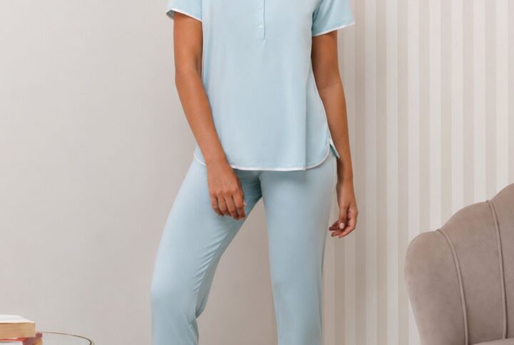 Pigiama donna ANDRA serafino in viscosa di bamboo con bordure in raso