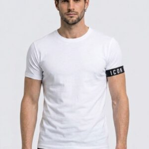 Modello Indossa T-Shirt Uomo ICON in Cotone Stretch con Logo Manica