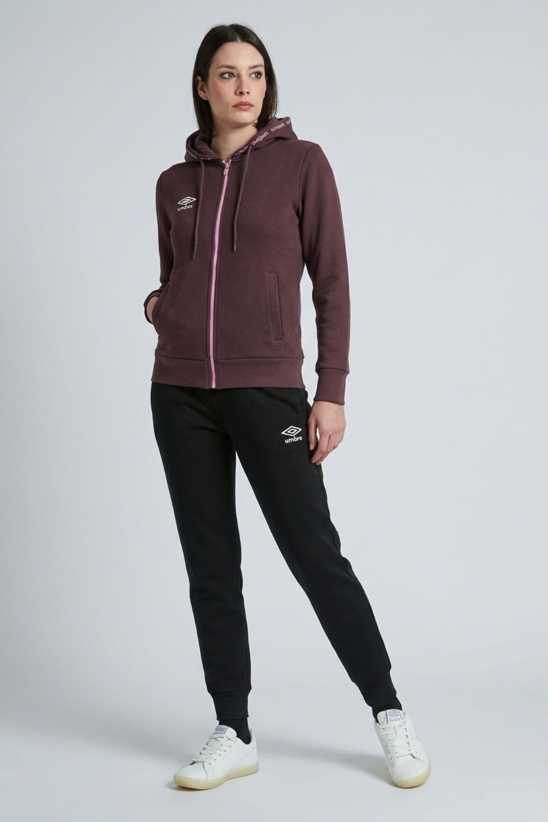 Umbro tuta donna full zip con cappuccio in cotone felpato bordeaux e nero