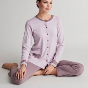 Infiore Pigiama Donna Aperto in Interlock di Cotone con Pizzo