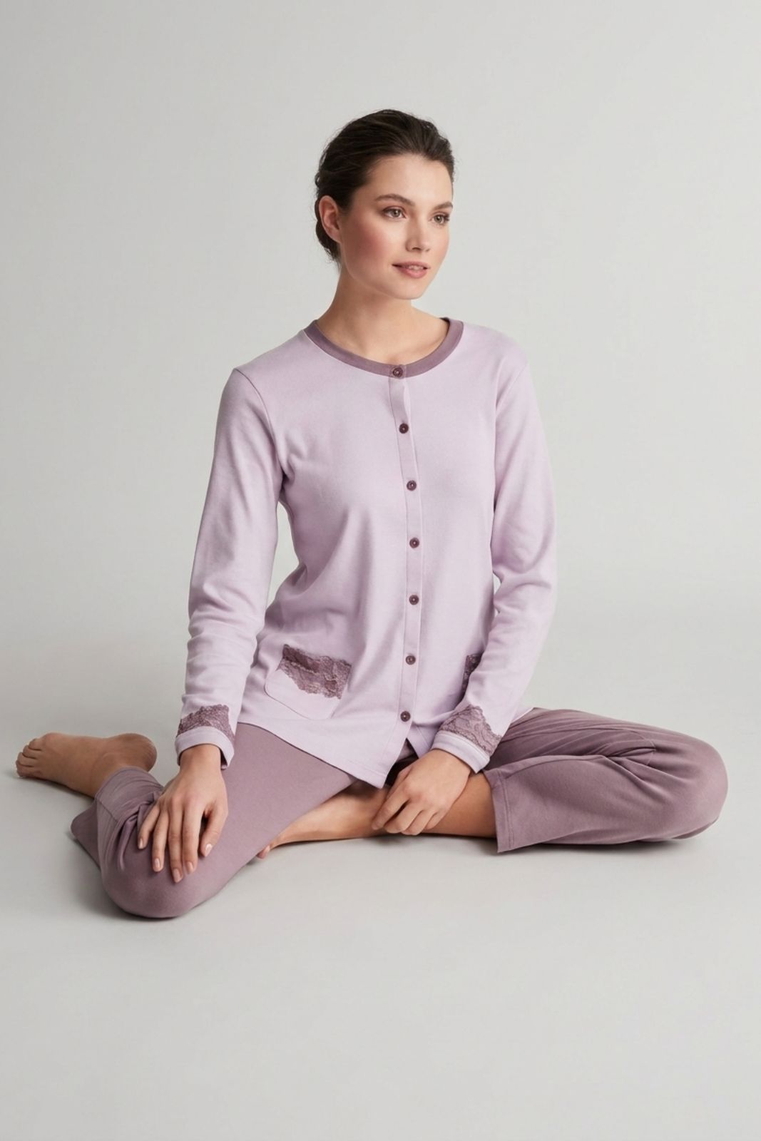 Infiore Pigiama Donna Aperto in Interlock di Cotone con Pizzo